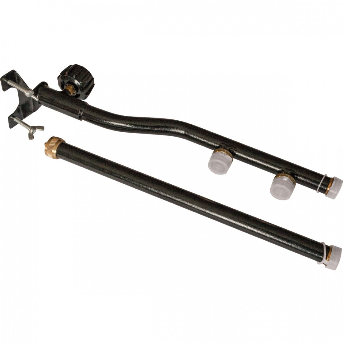 A collapsible propane distribution post with three outlets, an inlet for connecting to a propane tank, and adjustable base screws.