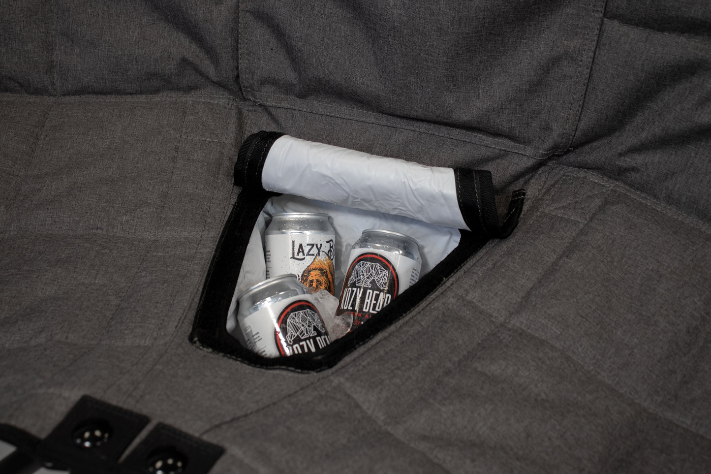 Insulated drink holders and storage pockets on Kozy Bear chair
