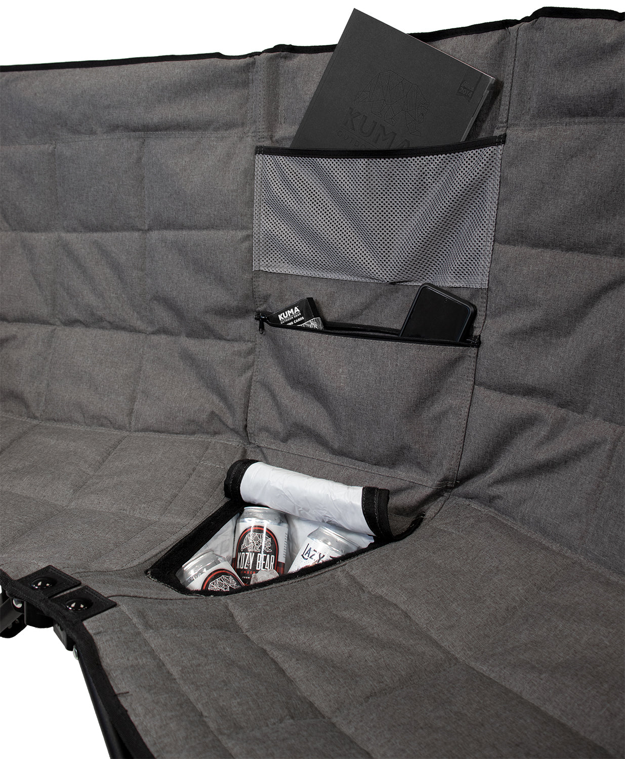 Double camping chair with cooler set up on RV patio
