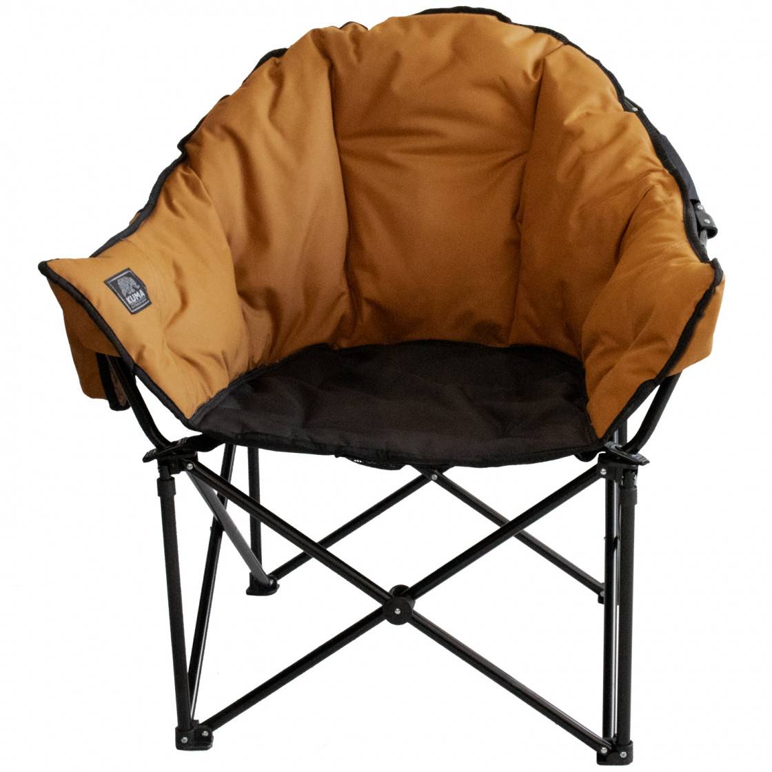 A sierra and black Kuma Lazy Bear camping chair with a cushioned seat and padded back and armrests.