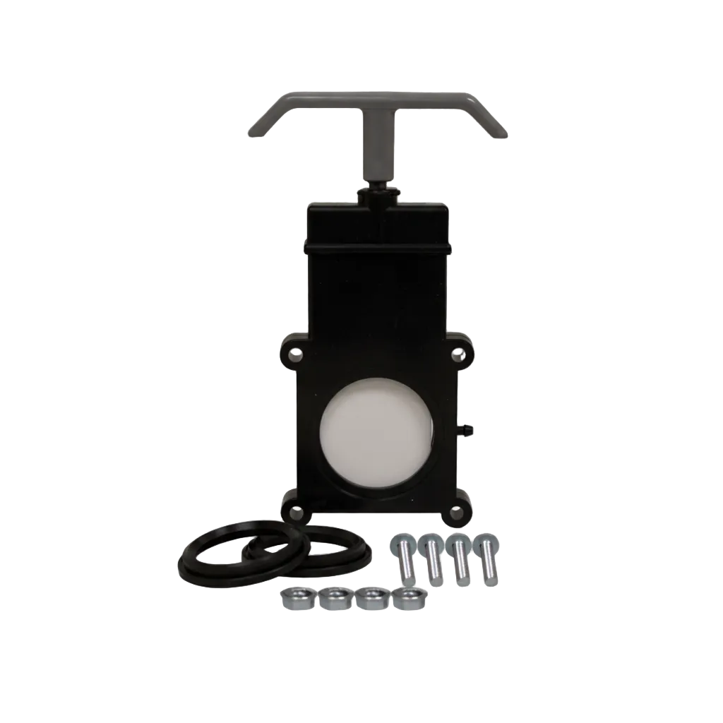 A 1-1/2 inch Lasalle Bristol Waste Valve with handle actuation, featuring a black body and plastic handle, accompanied by mounting hardware and seals.