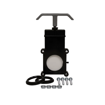 A 1-1/2 inch Lasalle Bristol Waste Valve with handle actuation, featuring a black body and plastic handle, accompanied by mounting hardware and seals.