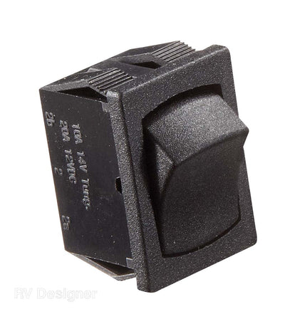 A single-pole, single-throw black electrical switch with a male connector and a flat, rectangular shape designed for wall or cabinet mounting.