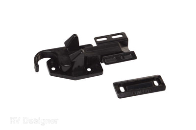 A black bullet style latch typically used for securing RV baggage doors, shown with fasteners, against a white background.