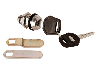 A lock cylinder and two keys, one key is straight while the other is offset, all chrome plated and made of stainless steel.