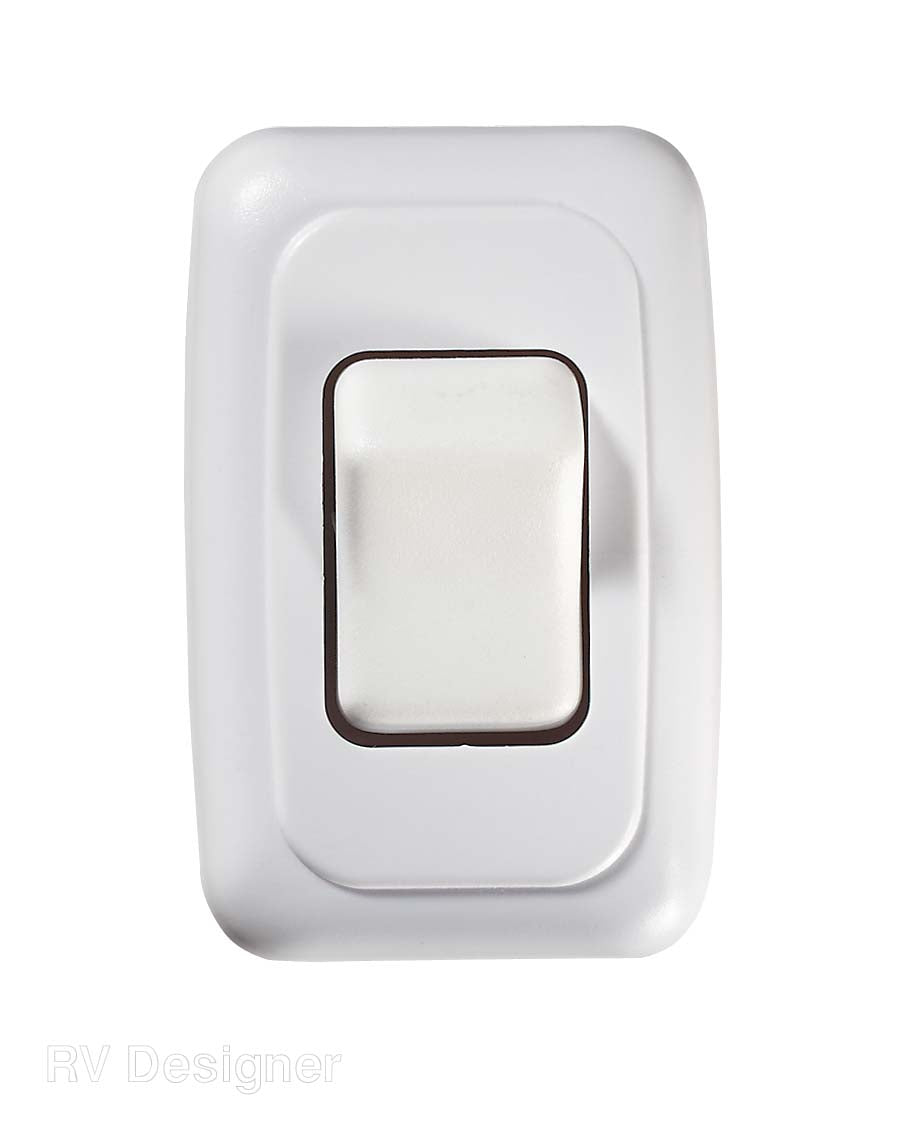 A single-pole, single-throw switch in a white color with a round, flat blade and a rectangular backplate.