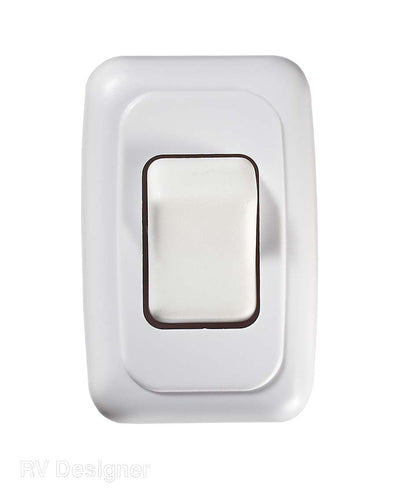 A single-pole, single-throw switch in a white color with a round, flat blade and a rectangular backplate.