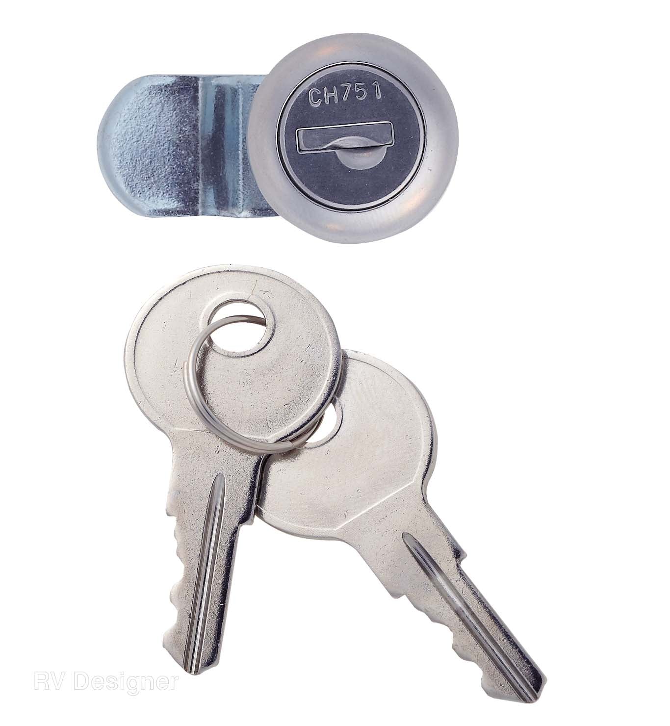 A silver door latch consisting of a lock cylinder, a key, and a lever handle, isolated on a white background.