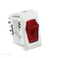 A single-pole, single-throw electrical switch with a white casing and a red switch lever, designed for RV use.