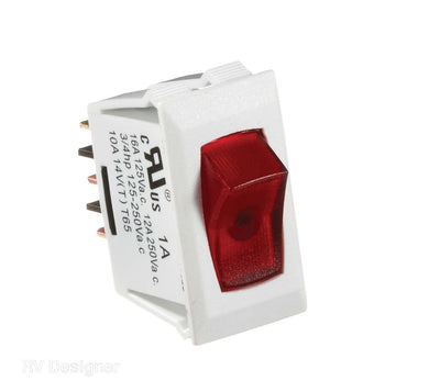 A single-pole, single-throw electrical switch with a white casing and a red switch lever, designed for RV use.