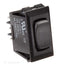 A black multi-purpose electrical switch with a double throw mechanism, designed for use in RVs for controlling lighting, water heater, and water pump.