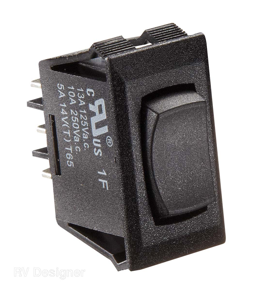 A black multi-purpose electrical switch with a double throw mechanism, designed for use in RVs for controlling lighting, water heater, and water pump.
