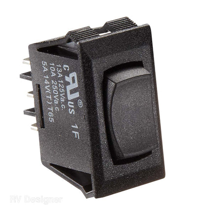 A black multi-purpose electrical switch with a double throw mechanism, designed for use in RVs for controlling lighting, water heater, and water pump.