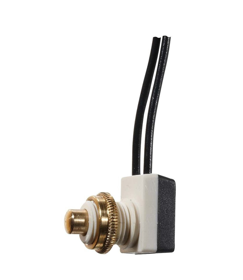 RV push button switch with wire leads close-up

