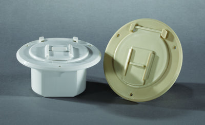 Colonial white RV electrical cord hatch exterior view
