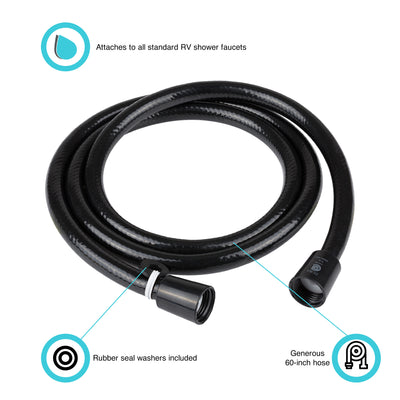 Flexible hand-held shower hose for RV showers, 60-inch, black